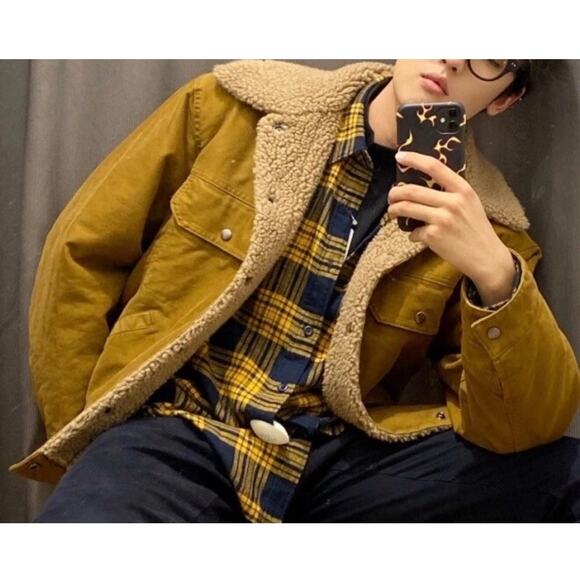 Uniqlo U Lemaire Men U Pile-lined Trucker Jacket Preppy Tan Cotton Moleskin Sz L - Picture 1 of 14